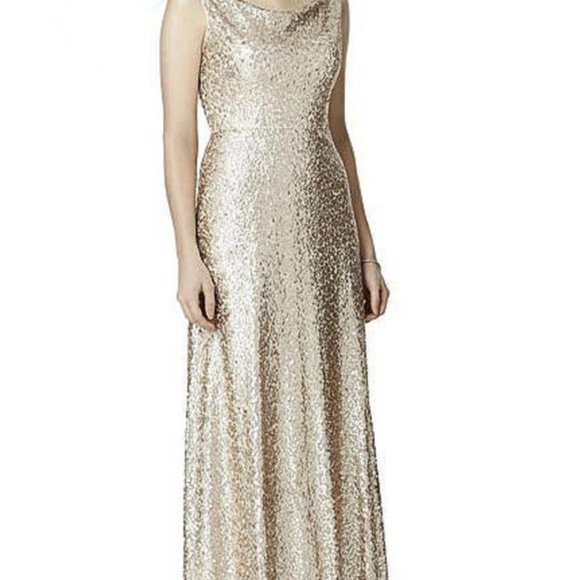 Dessy Group Rose Gold Sequined Beaded Formal Maxi Gown Cowl Neck 4508 Size 6 EUC - Picture 1 of 8